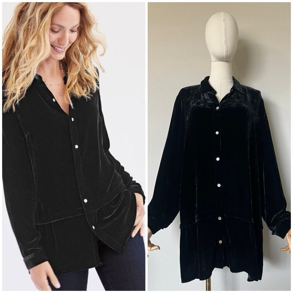 J Jill Top Womens L Tall Black Velvet Button Up Long Sleeve Tunic Silk Blend